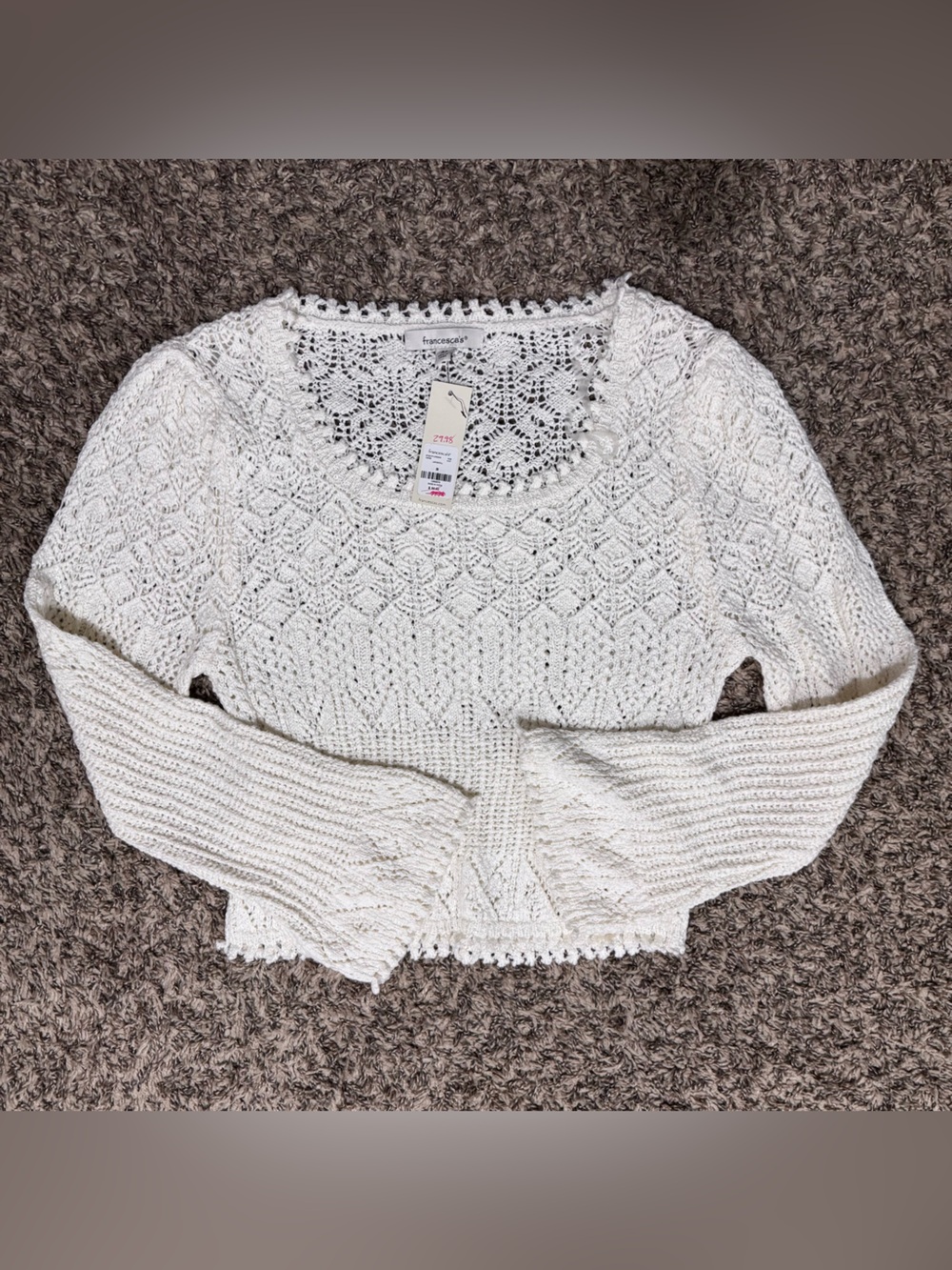 NWT Francesca’s Ivory Crochet Pointelle Knit Sweater